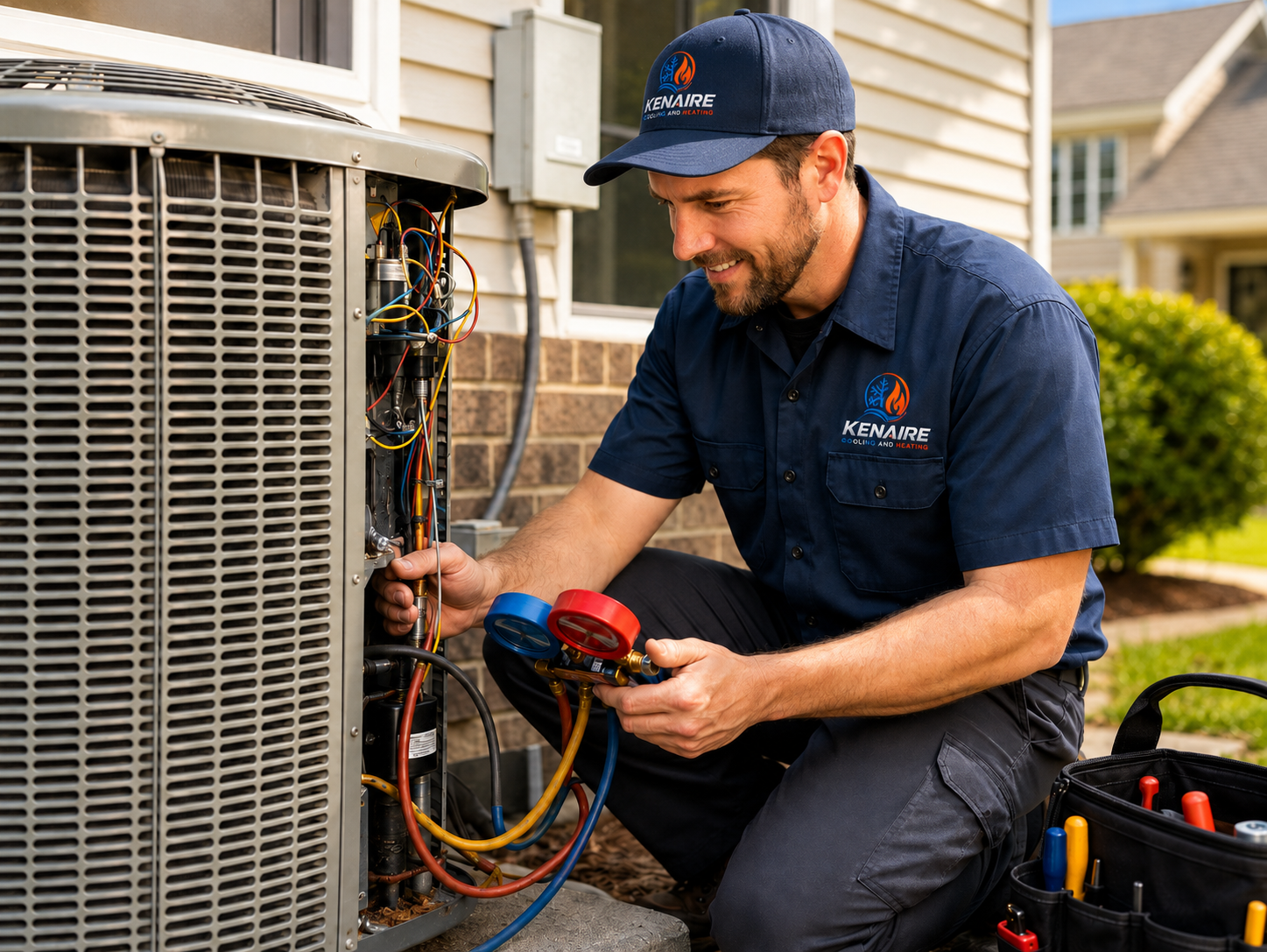 Kenaire HVAC technician servicing outdoor AC condenser unit in Hudson Valley NY